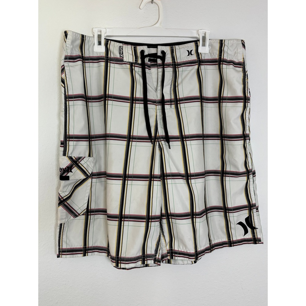 Hurley Mens Plaid Board Shorts White Black Red Swim Trunks Size 36 MB04PRT